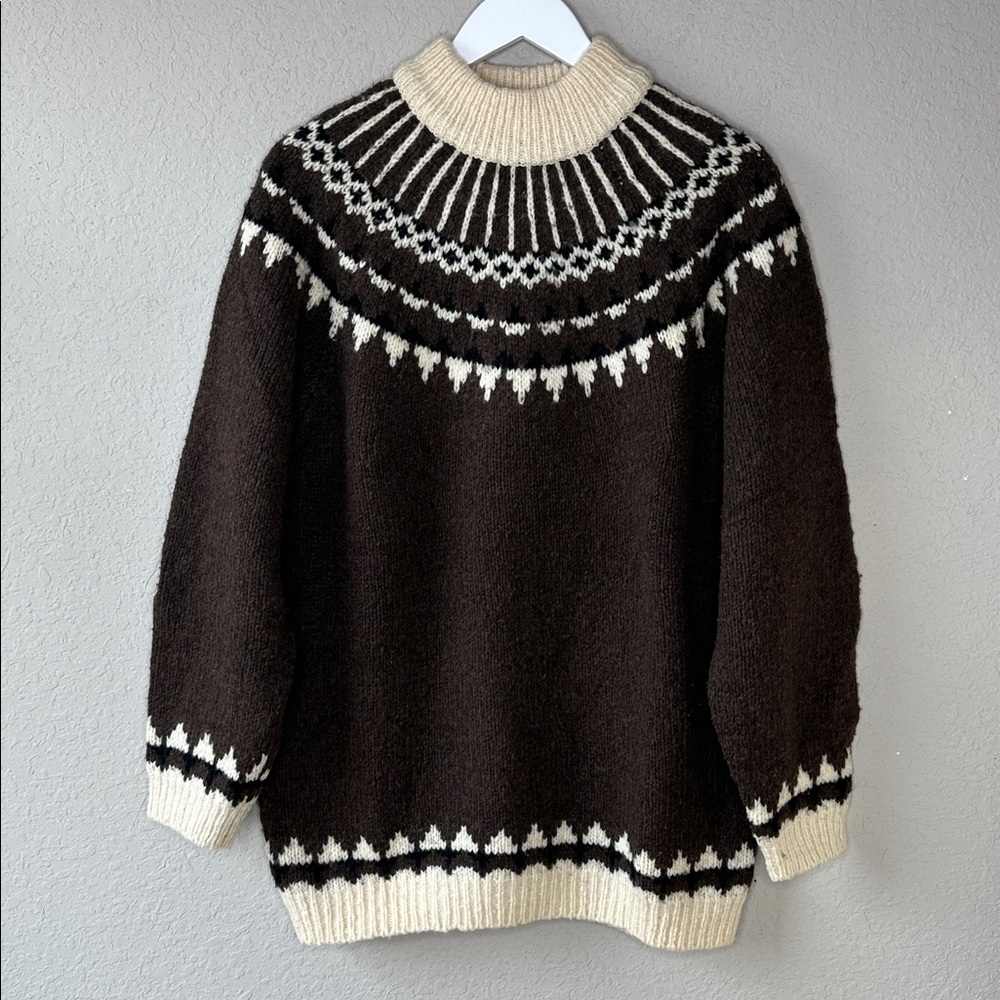 A Line Anne Klein Vintage Nordic Wool Blend Fair Isle Sweater Size M Brown Cream